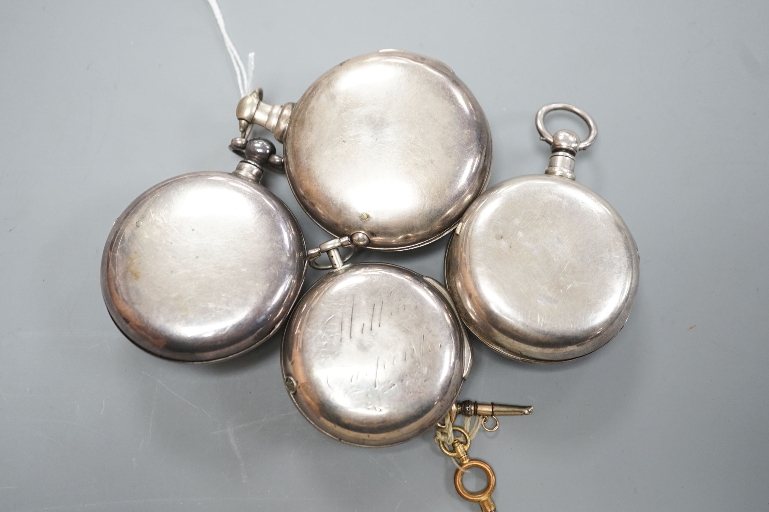 Two 19th century silver pair cased pocket watches, including Minden of London and Neale of Lindfield and two later silver pair cased pocket watches.